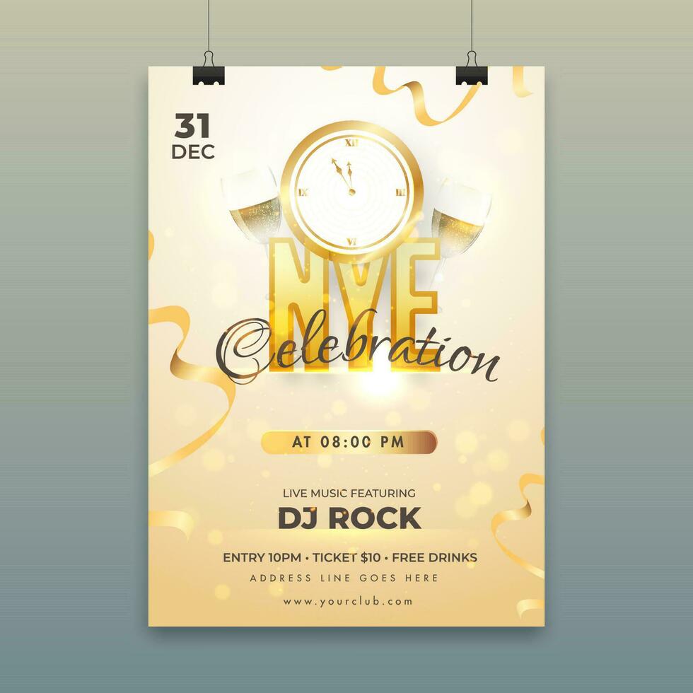 Advertising template or flyer design with clock, wine glass and event details for NYE Celebrations. vector