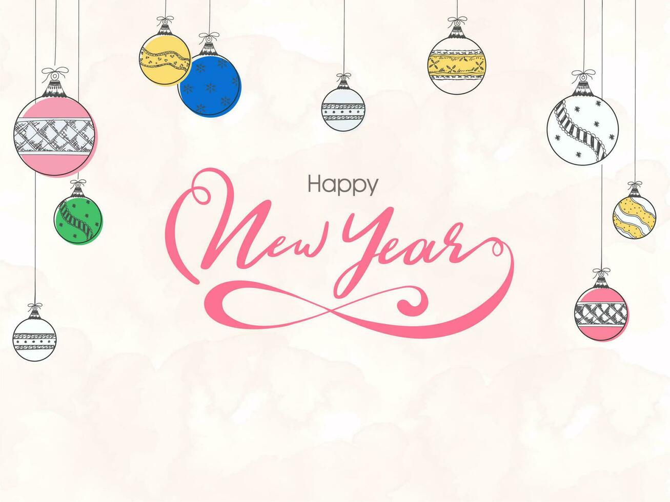 Calligraphy of Happy New Year and line art style baubles hang on pink watercolor effect background. Can be used as greeting card design. vector