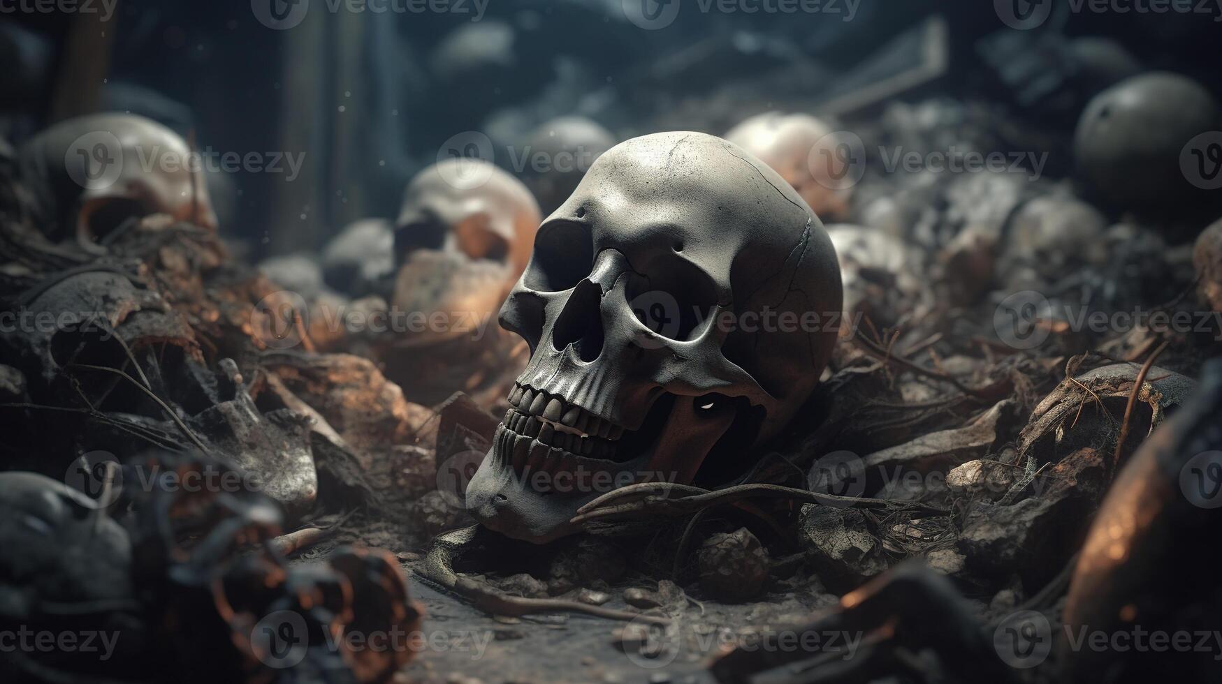 haunting scene of humans skulls and debris, digital art illustration, photo