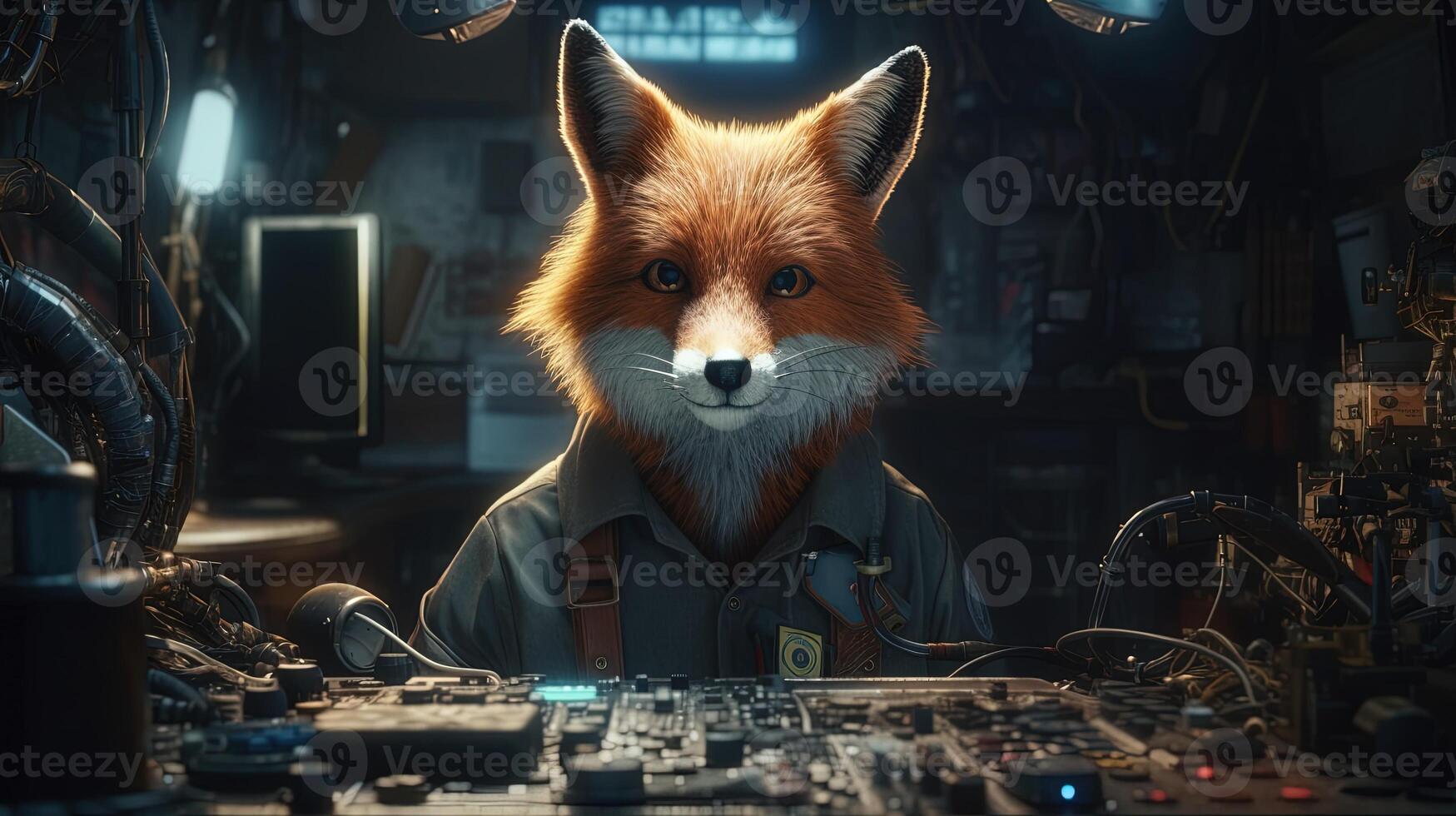 detective fox, digital art illustration, photo