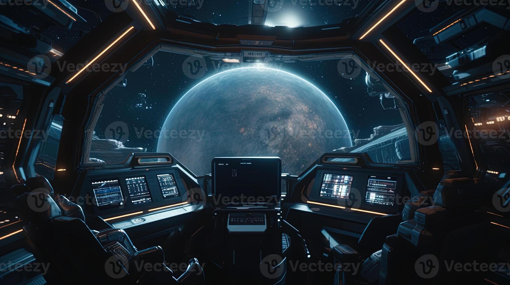 spaceship cockpit with planet, digital art illustration, photo