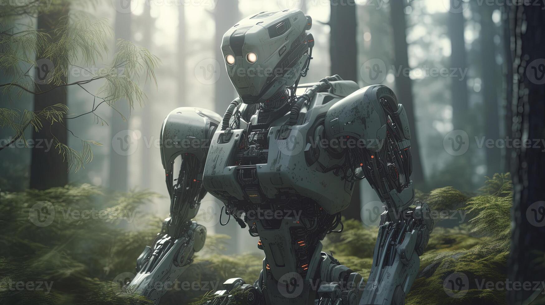 modern robot in the woods, digital art illustration, photo