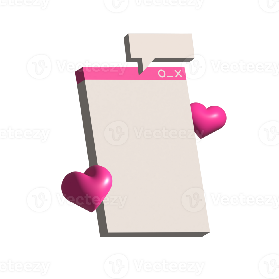 Retro computer interface with many open tab, bubble, hearts and window box in 3D render style. Volume raster illustration. png