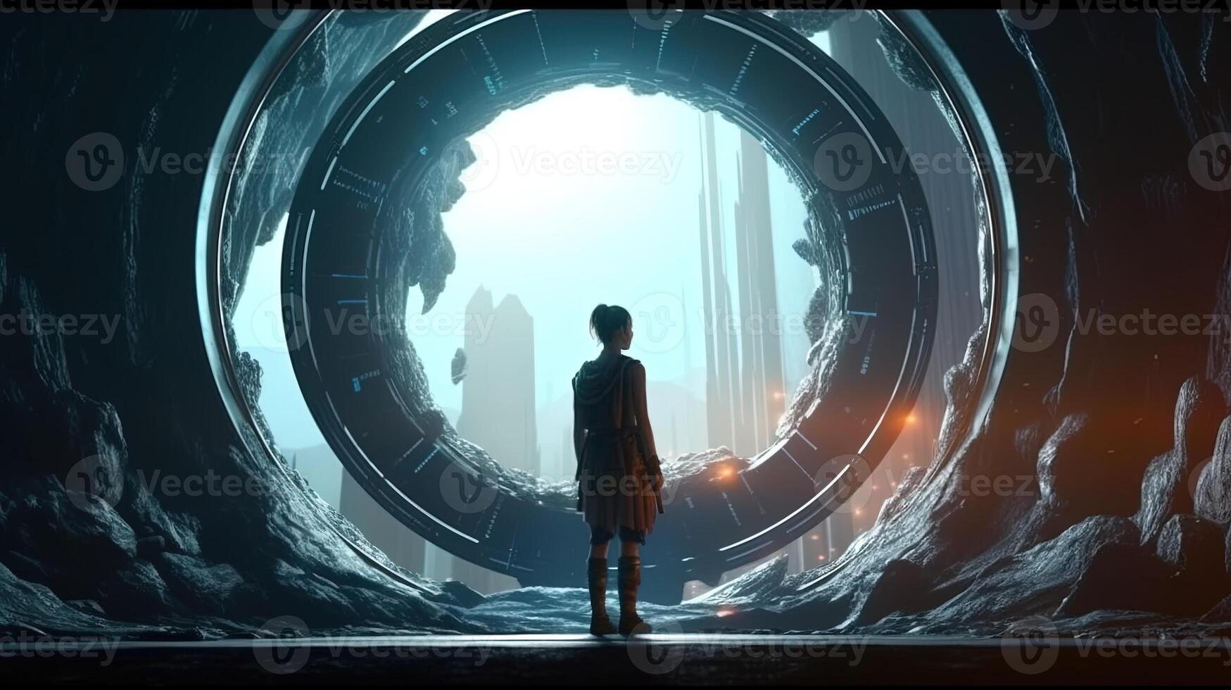 traveler with portal, digital art illustration, photo
