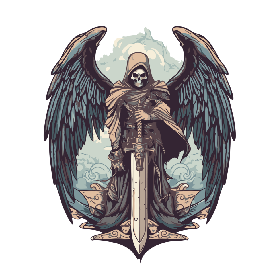 Grim reaper with wings and sword on transparent background for tattoo or t-shirt design png