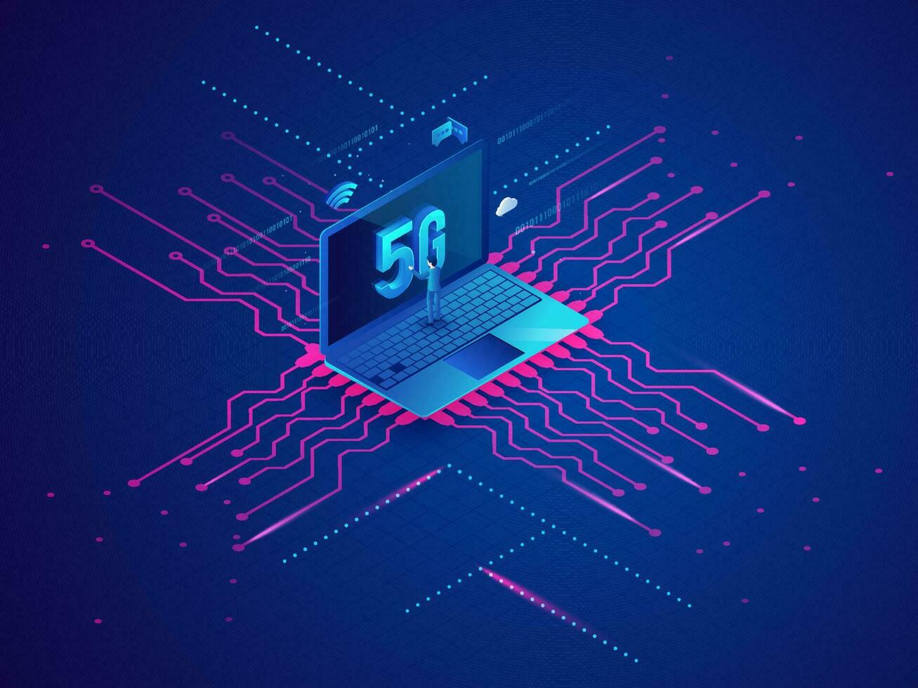 ilustración de ingeniero o desarrollador establecer inalámbrico 5g red con Wifi conectar en circuito antecedentes para Internet red conectividad concepto. vector