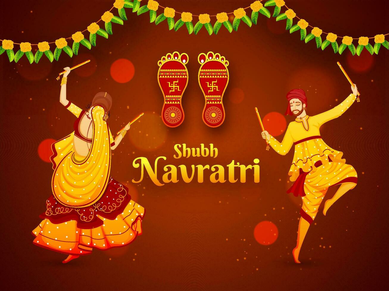 vector ilustración de hombre y mujer bailando con dandiya palo, diosa laxmi huella en brillante marrón bokeh Encendiendo antecedentes para shubh navratri póster o bandera diseño.