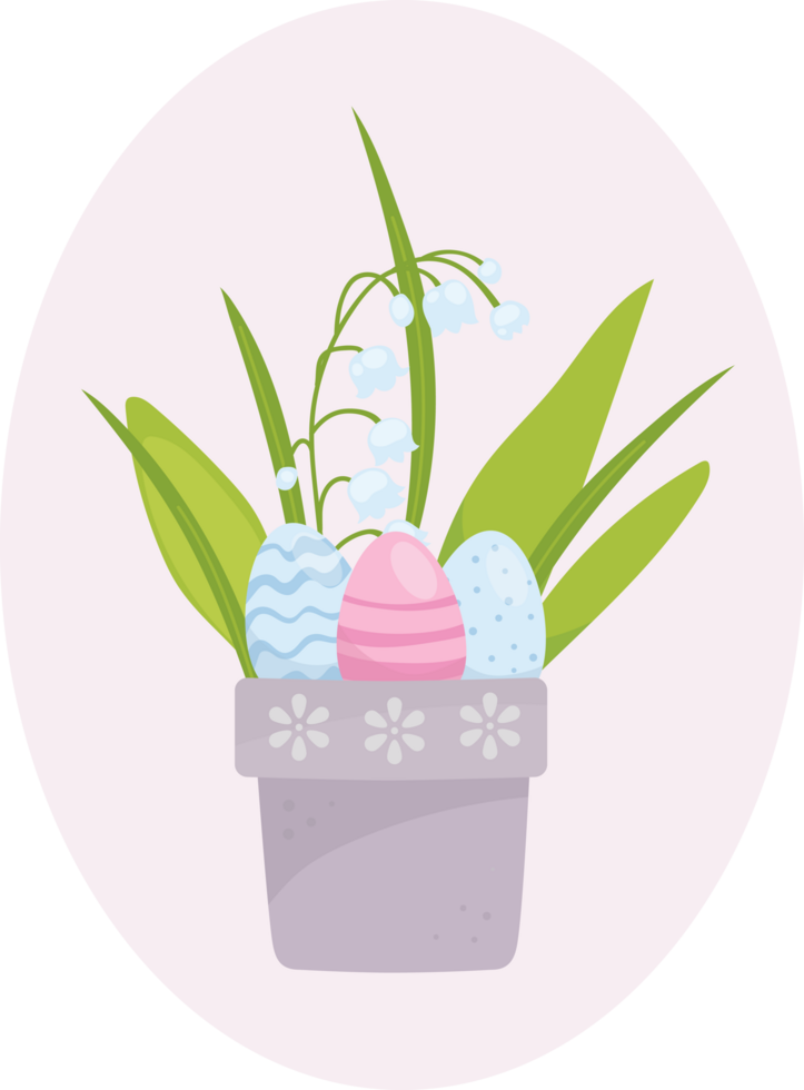Snowdrop flowers and Easter eggs in a flower pot, Easter spring illustration png