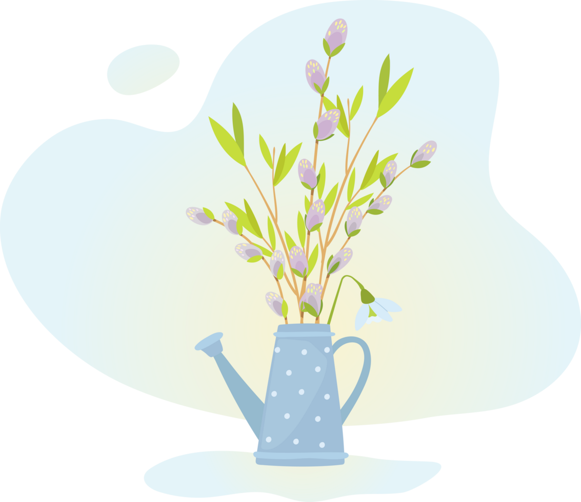Willow branches in a blue watering can, a spring illustration, bouquets of flowers in pot png