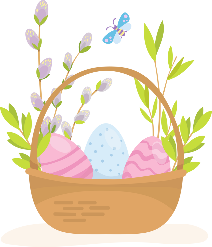 Easter basket with eggs and willow, Happy easter concept png