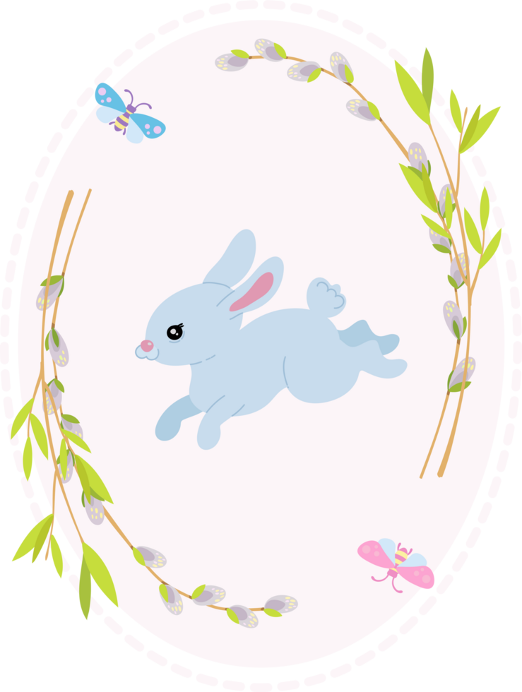 Easter card, cute blue bunny in a wreath of willow sprigs. greeting card png