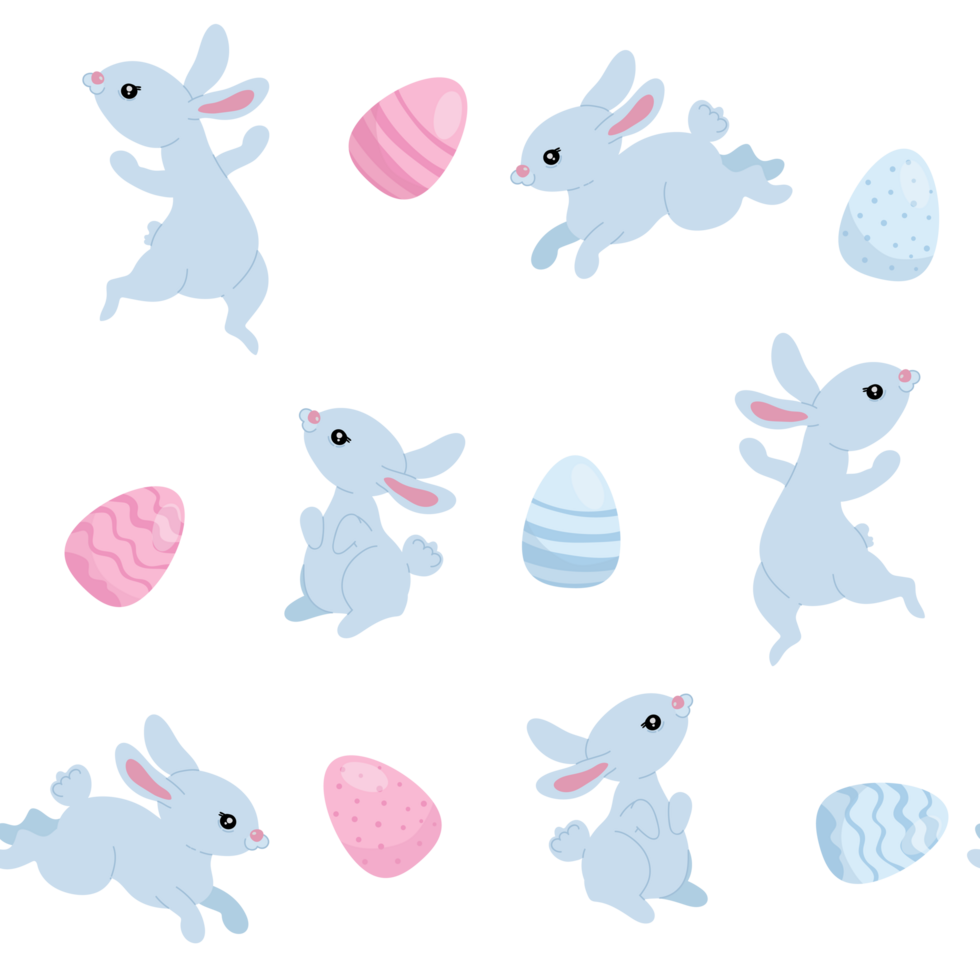 Happy Easter seamless pattern, cute blue bunnies and Easter eggs, for textiles, easter cards, banners, wallpapers png