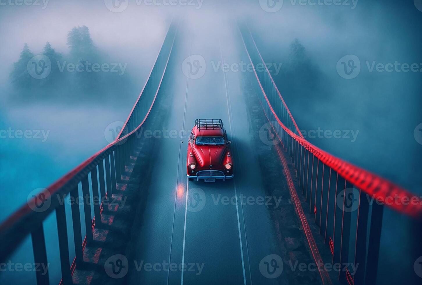 Red car on bridge in blue fog, photo