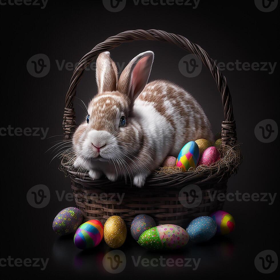 Easter bunny in basket, photo