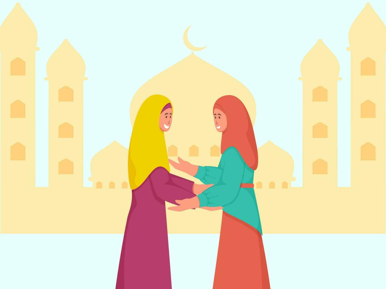 Cheerful Young Muslim Women Greeting To Each Other In Front Of Mosque. vector
