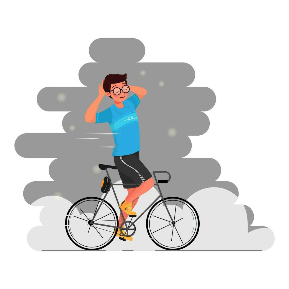 Cartoon Young Boy Riding Bicycle On Gray And White Background. vector