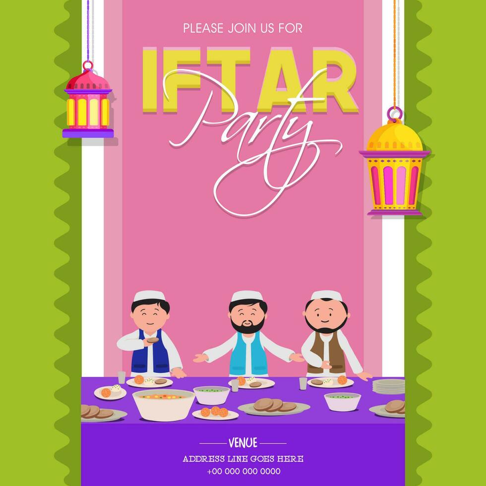 Ramadán kareem iftar fiesta invitación diseño con ilustración de musulmán hombres disfrutando delicioso alimento. vector