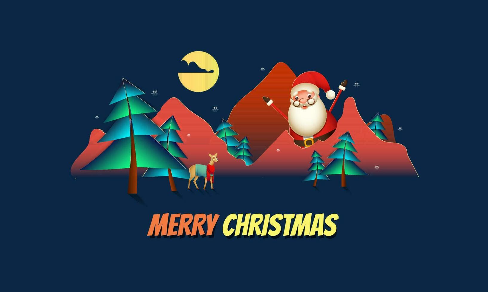 alegre Navidad celebracion saludo tarjeta diseño con contento Papa Noel claus personaje, reno y papel cortar lleno Luna naturaleza paisaje ver antecedentes. vector