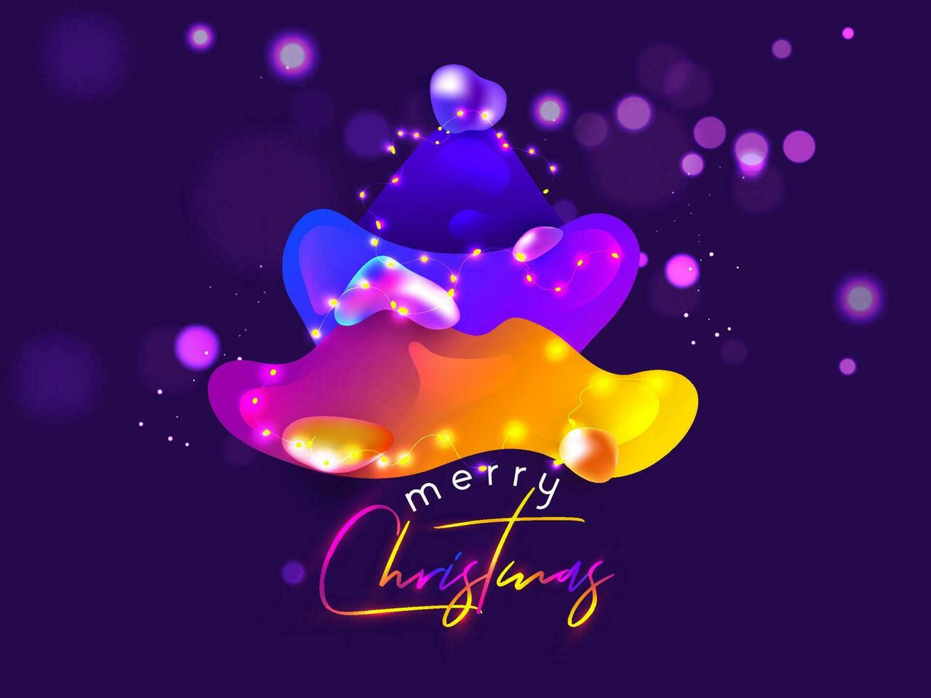 Merry Christmas celebration greeting card design with creative Xmas tree made by abstract fluid art decorated with lighting garland on purple light effect background. vector