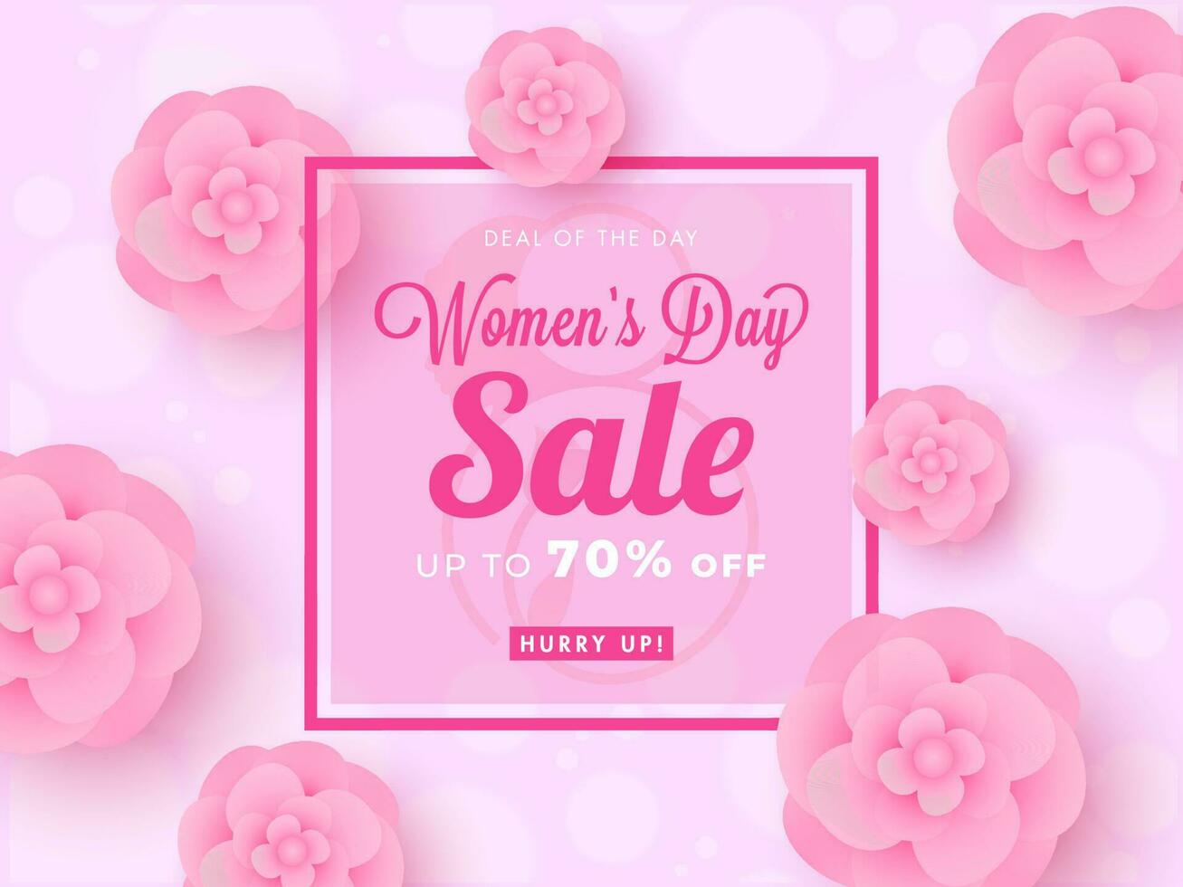 Women's Day Sale Poster Design with Discount Offer and Paper Cut Flowers Decorated on Pink Bokeh Background. vector