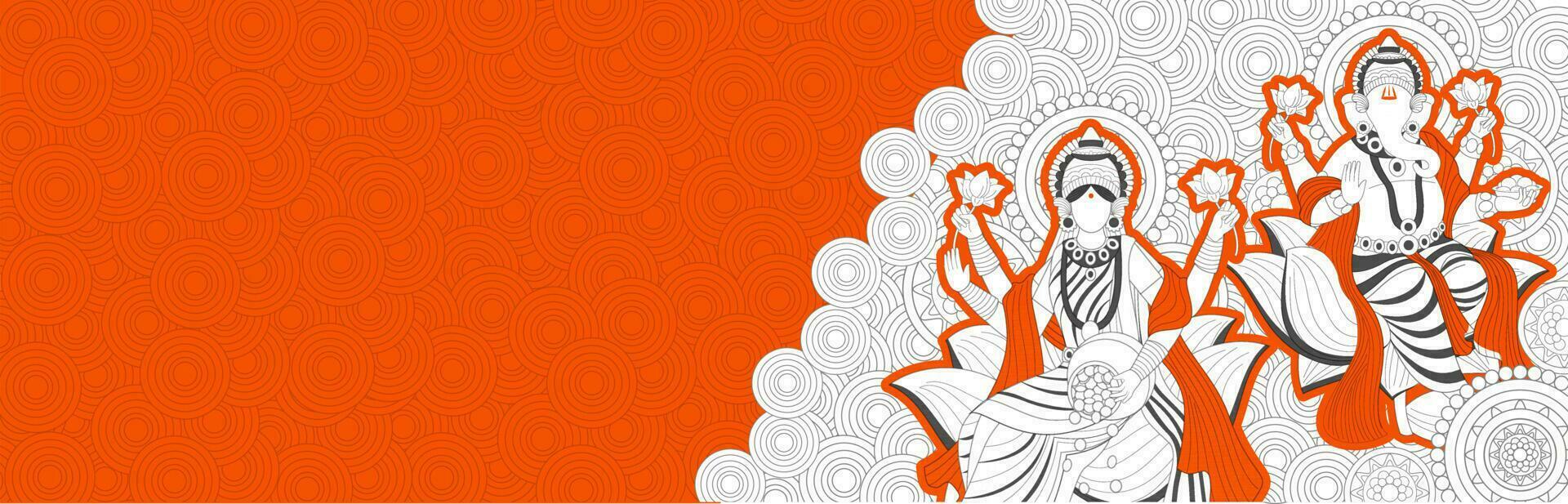 Line art style illustration of Goddess Lakshmi and Lord Ganesha on orange and white circular seamless pattern background. Header or banner design. vector