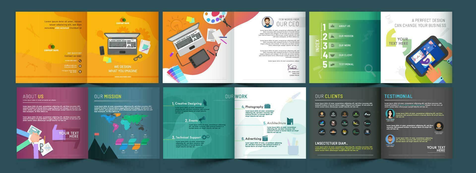 Promotional Bi-Fold Brochure, Template or Annual Report in Different Types Business Management or Experience Concept. vector