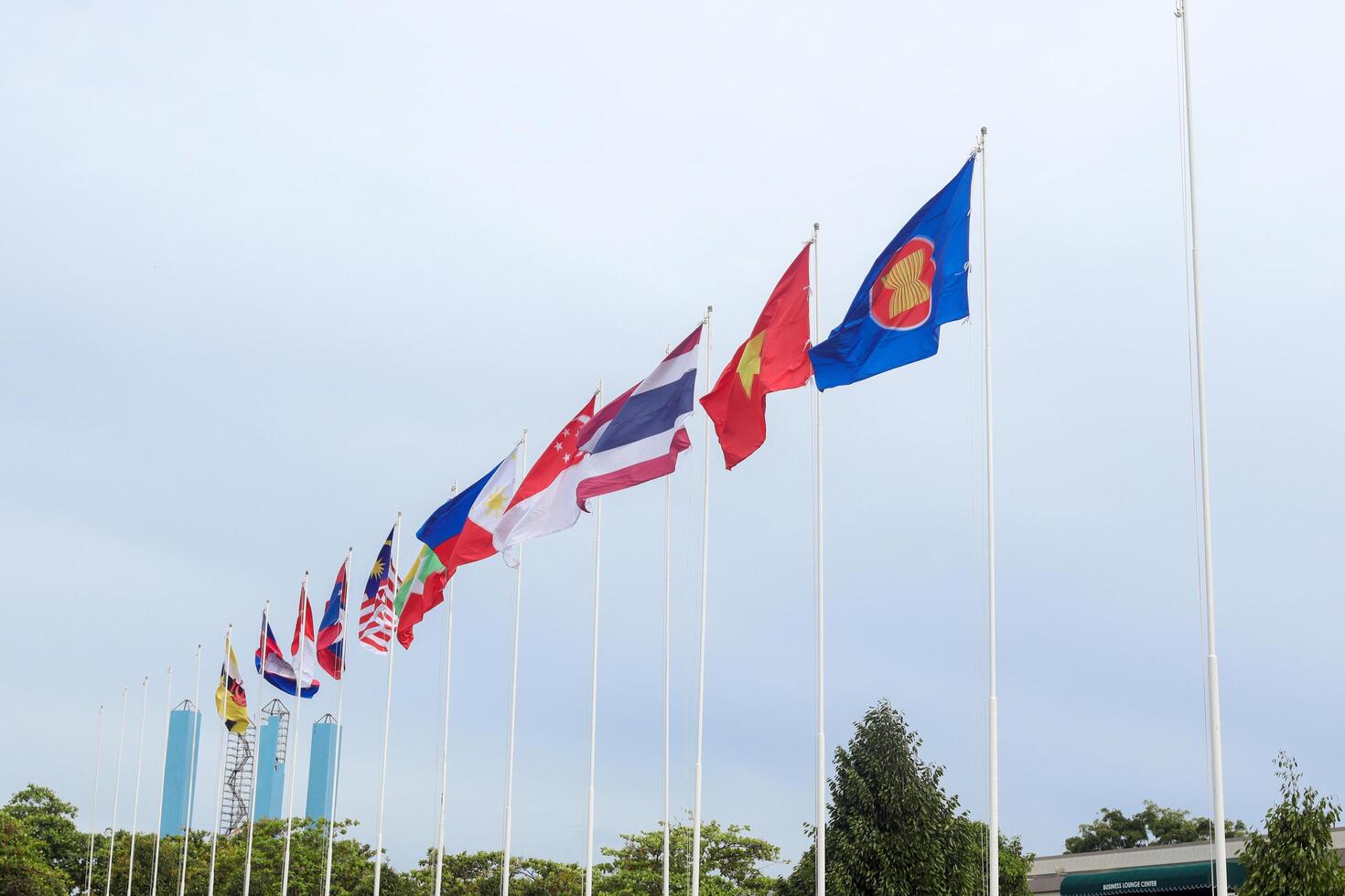 The flags of Association of Southeast Asian Nations the clear blue sky. photo