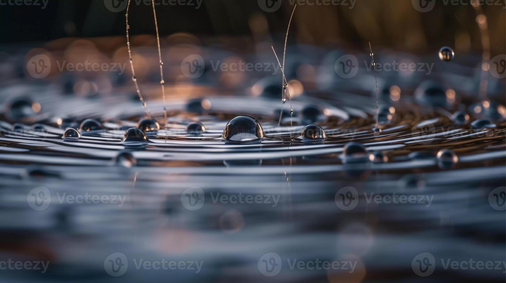 gotita bailar, agua gotas bailando en el superficie de un estanque generativo ai foto