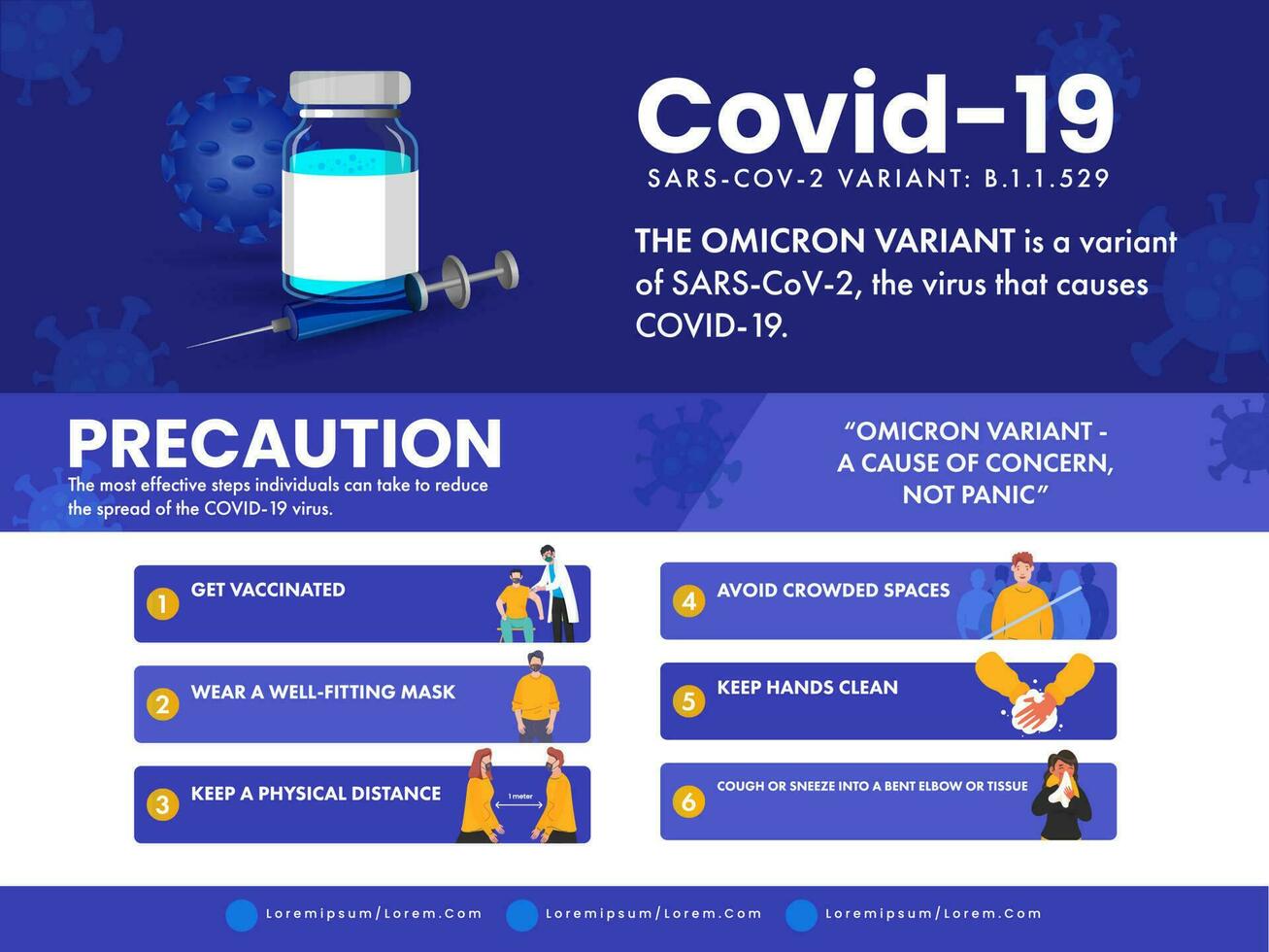 covid-19 SARS-CoV-2 omicron variante póster diseño con precauciones detalles en azul y blanco antecedentes. vector