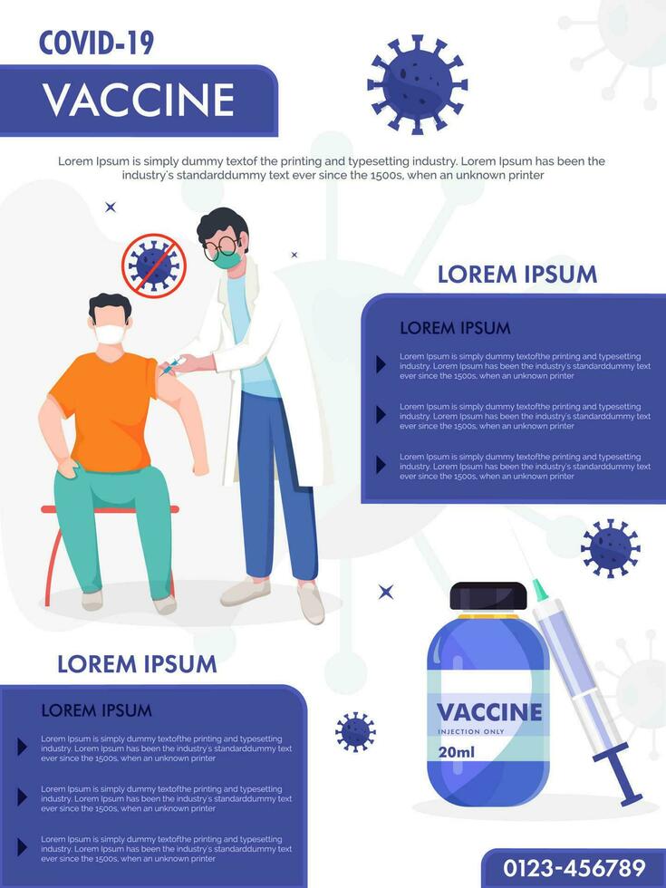 COVID-19 Vaccine Infographic Poster Design With Doctor Giving Injection To Patient And Vaccination Information. vector