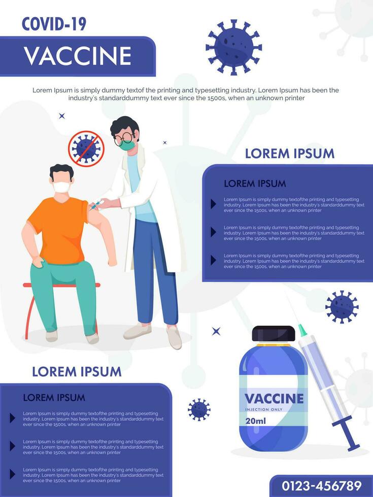 covid-19 vacuna infografía póster diseño con médico dando inyección a paciente y vacunación información. vector