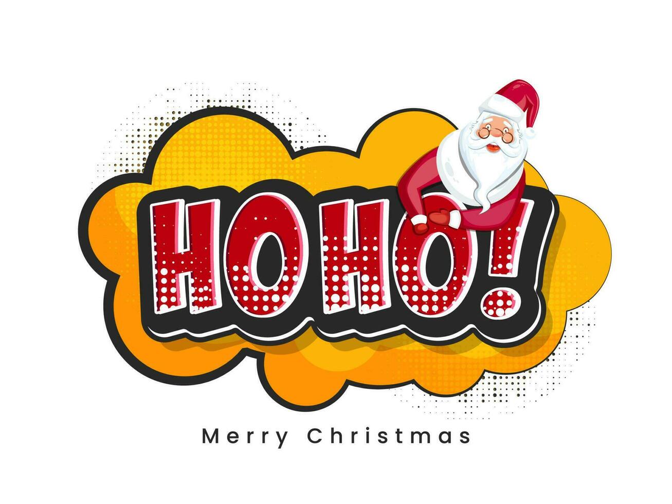 Sticker Style HO HO Font With Cartoon Santa Claus On Orange And White Halftone Effect Background For Merry Christmas Concept. vector