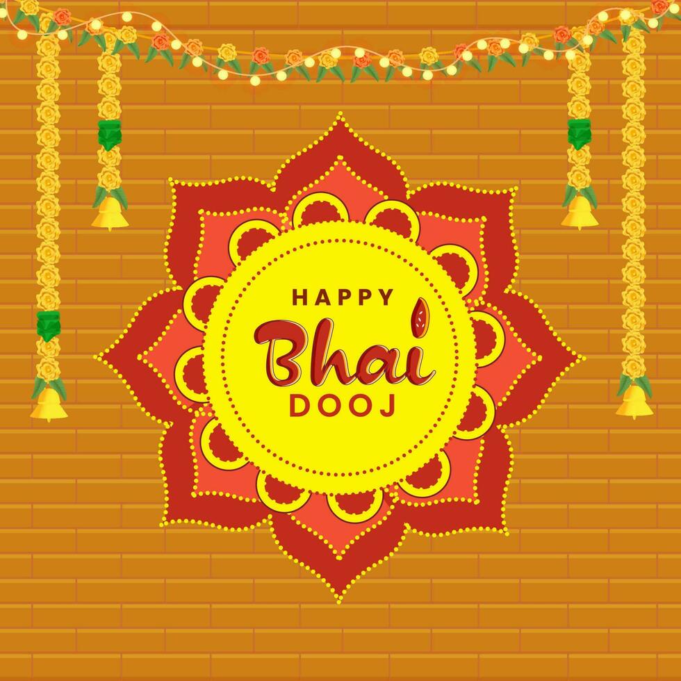 Happy Bhai Dooj Text Over Mandala Frame, Lighting And Floral Garland On Dark Yellow Brick Wall Background. vector