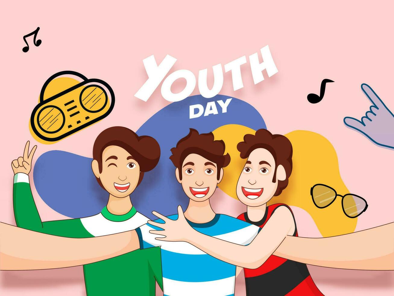 papel cortar juventud día texto con alegre Tres Niños tomando un selfie juntos en rosado antecedentes. vector