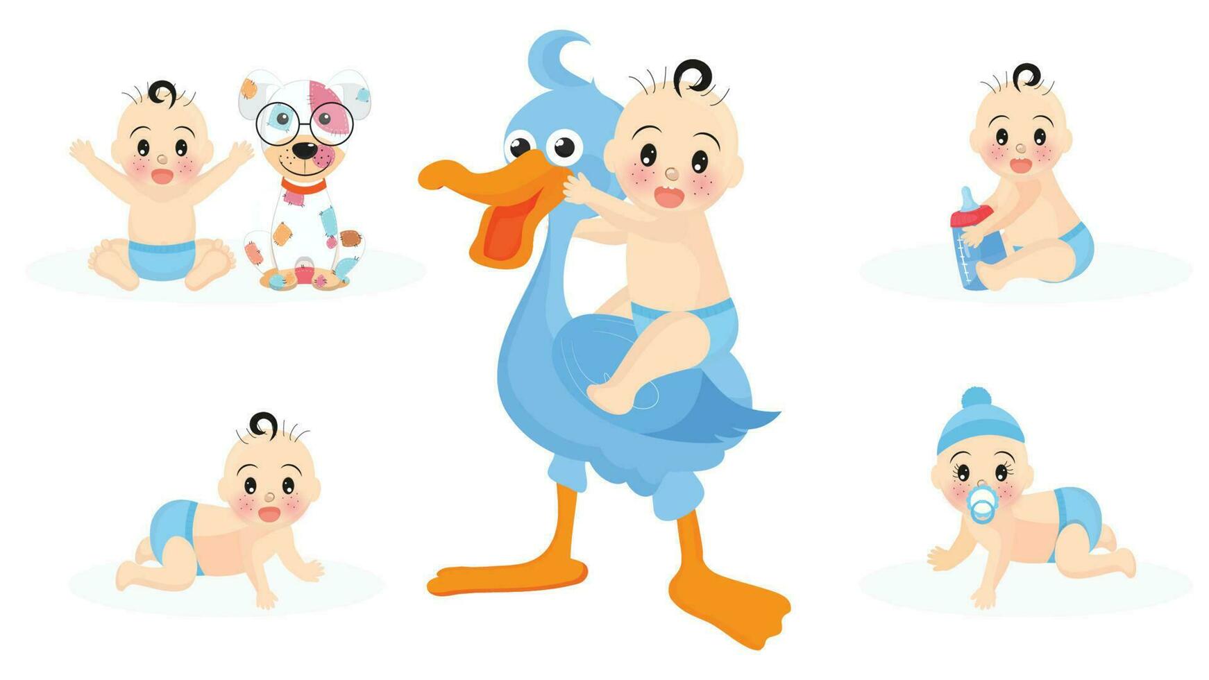 conjunto de linda infantil chico caracteres con cigüeña, juguetes, perrito y Leche botella para bebé ducha concepto. vector