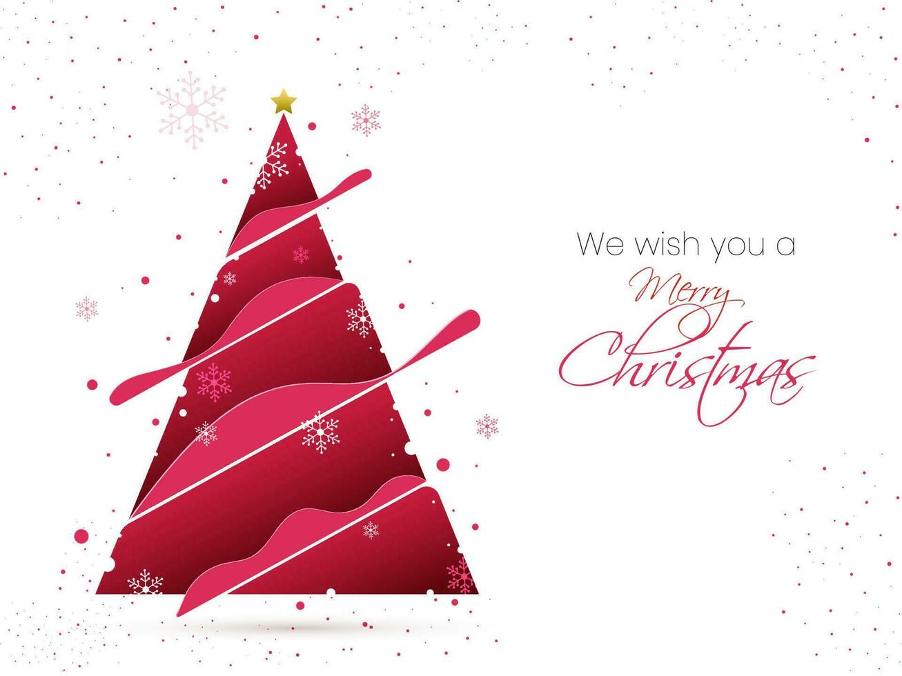 Merry Christmas wishing card design with pink paper cut Xmas tree, star and snowflakes decorated on white background. vector