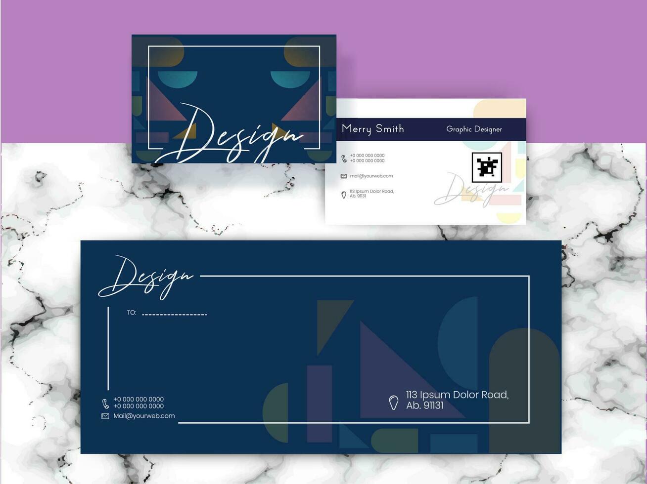 Front and back view of business card design with geometric elements on purple and marble background. vector