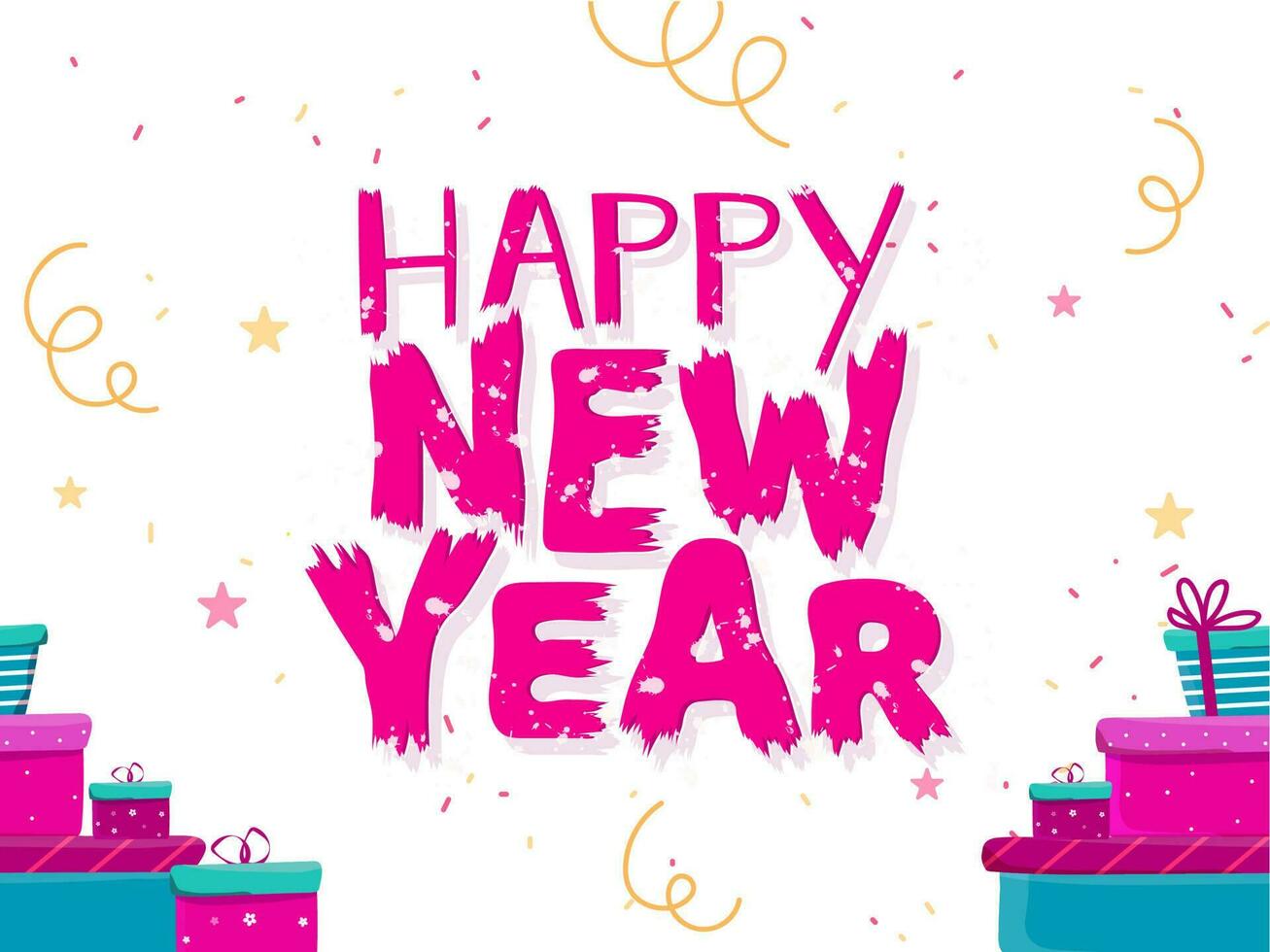 Happy New Year in Pink Grunge Font and Gift Boxes on White Background Decorated with Streamers. vector