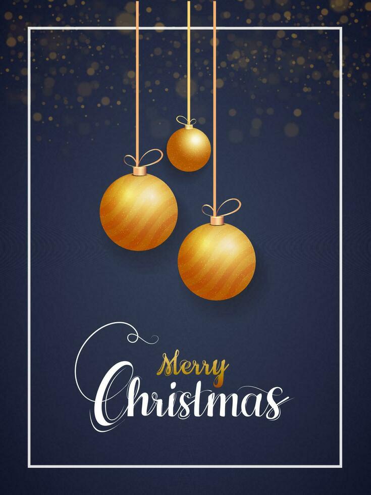 Merry Christmas Template or flyer design with Realistic Golden Baubles hanging on Lighting Effect Blue background. vector