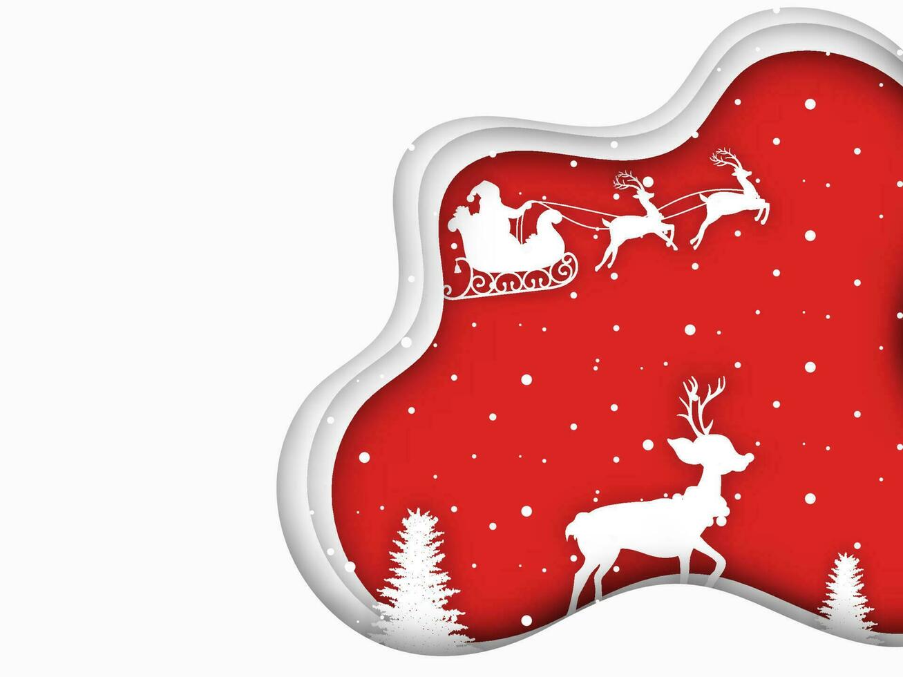 Paper layer cut greeting card design with silhouette of santa riding sleigh, reindeer and snow cover tree for Merry Christmas celebration. vector