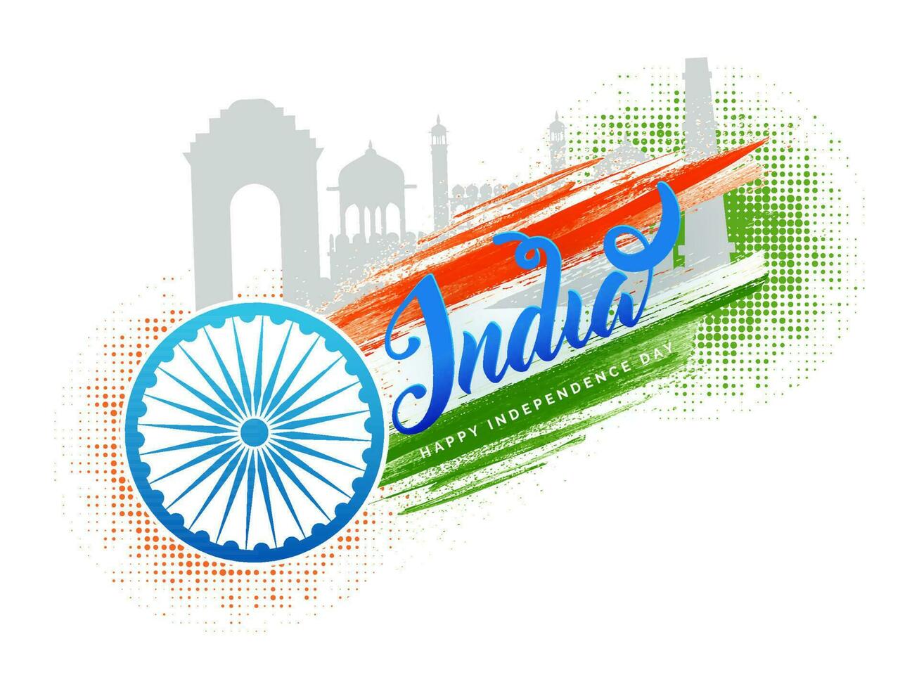 Stylish text of India and silhouette of Red Fort on white background with Tri Color abstract background. vector