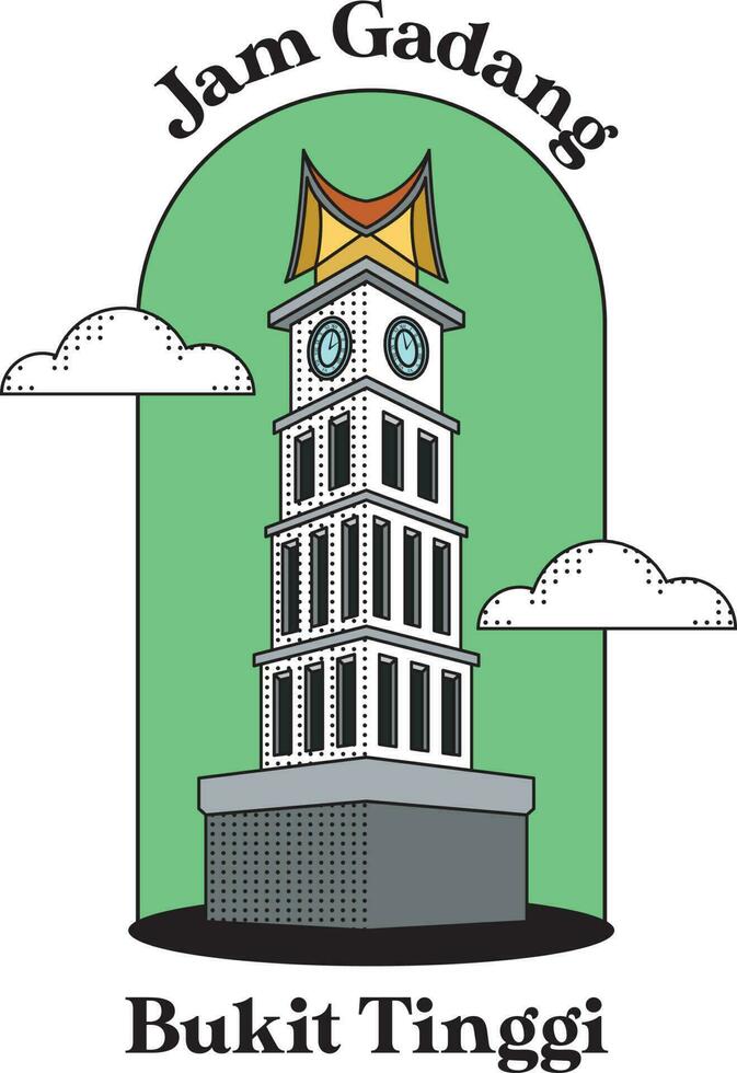 único y icónico, el mermelada Gadang reloj torre ilustración capturas el esencia de minangkabau cultura con intrincado detalles y negrita colores vector