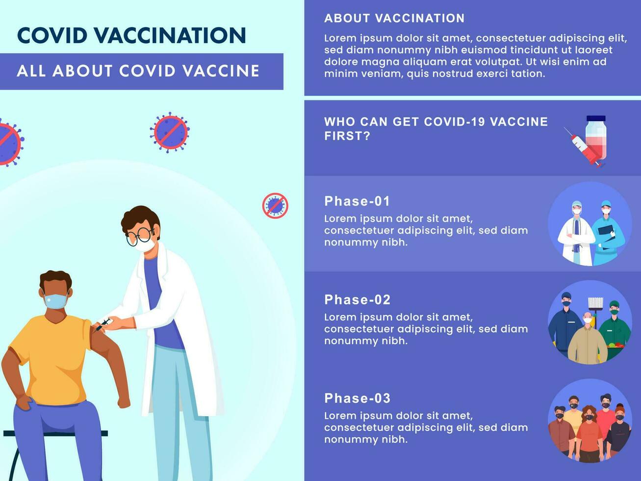 COVID Vaccination Concept Based Poster Design With Doctor Giving Injection To Patient Man And Information. vector