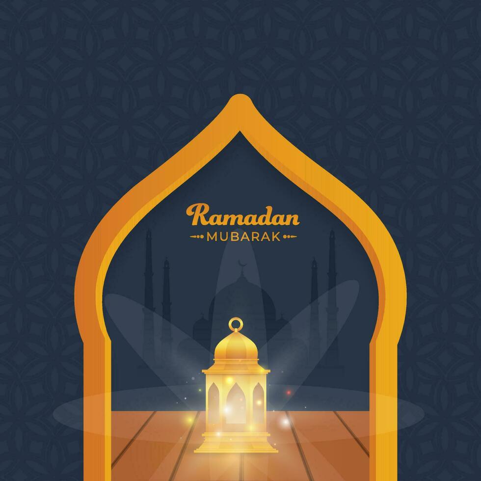 Ramadán Mubarak concepto con dorado iluminado linterna y silueta mezquita en gris islámico modelo antecedentes. vector