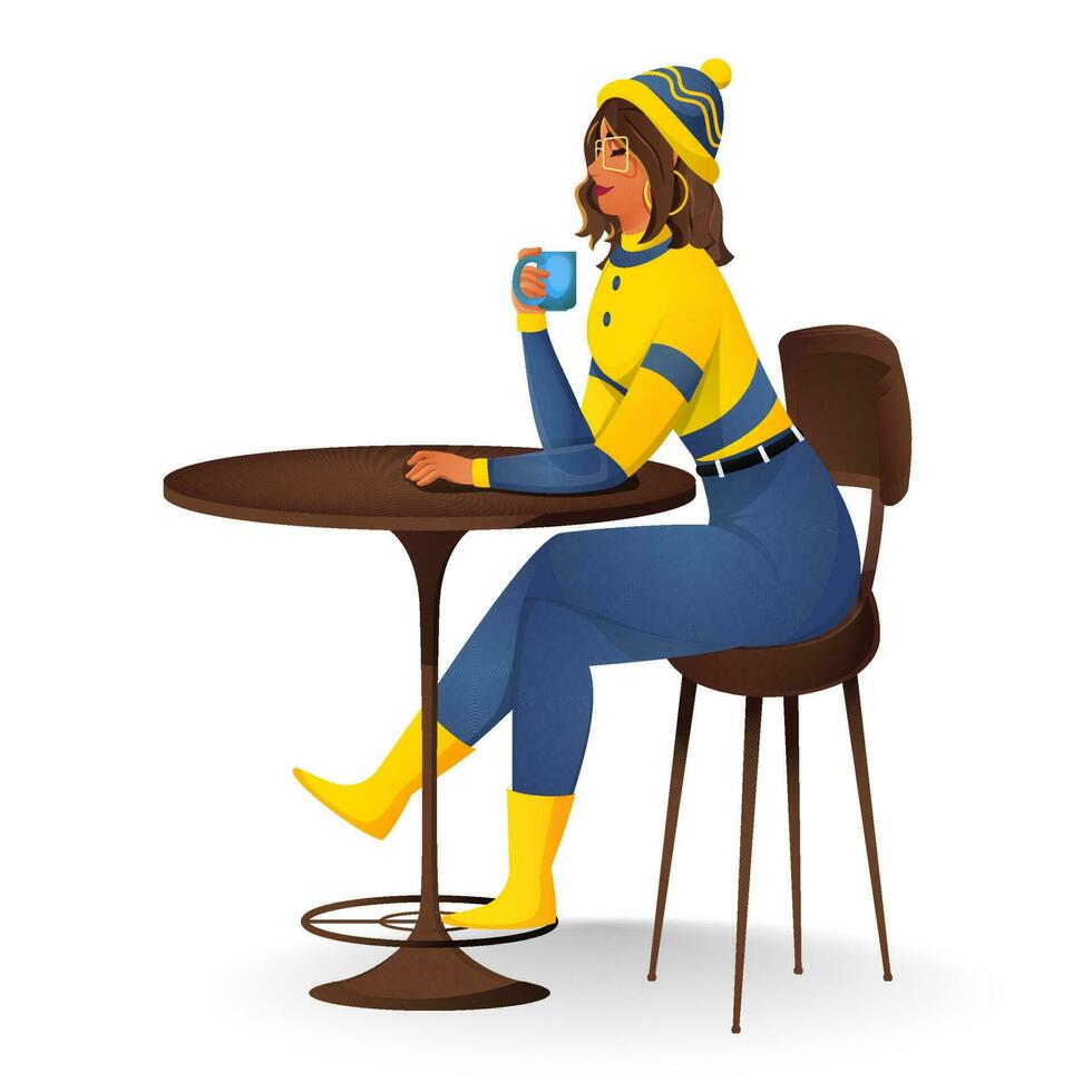 joven niña vistiendo de lana ropa y Bebiendo té o café sentado en silla. vector