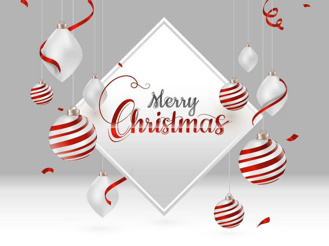 caligrafía texto alegre Navidad en blanco marco con colgando adornos decorado en gris antecedentes lata ser usado como saludo tarjeta diseño. vector