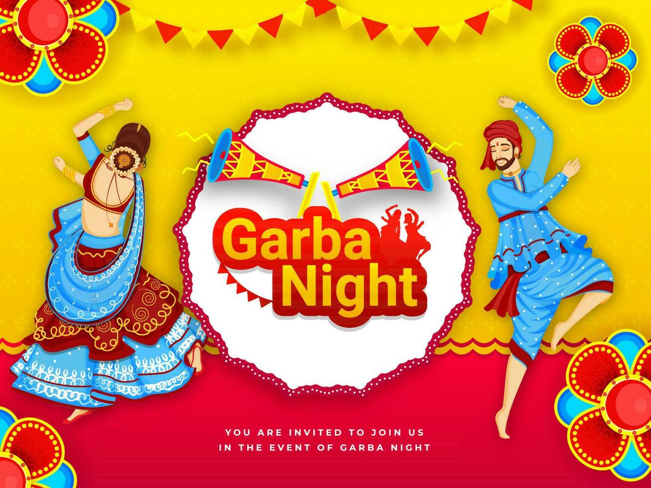 Garba Night party invitation card or poster design with illustration of couple dancing on yellow and red background decorated with floral design. vector