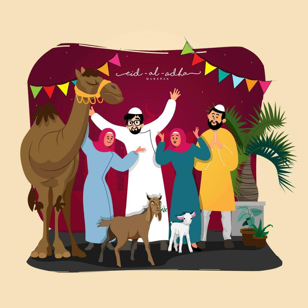 Eid al-Adha Mubarak concepto con alegre musulmán personas personaje, cabra y camello animal en granate y beige antecedentes. vector