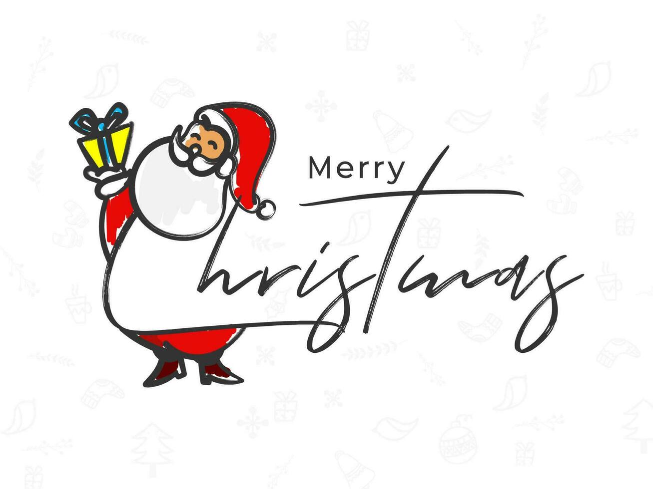 Hand sketching of Merry Christmas text with santa claus holding gift box on white festival element pattern background. vector