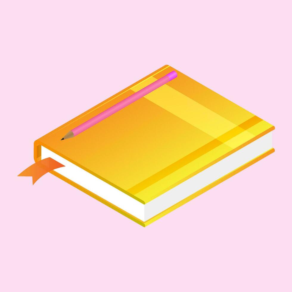 3D illustration of book with pencil on pink background. vector